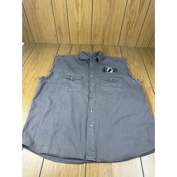 POW MIA Big Rig Truck Mens Shirt L Gray Raw Edges Sleeveless Front Buttons - Picture 2 of 16